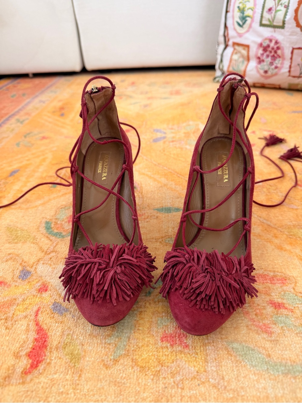 Aquazurra Red Suede Lace-Up Pom-Pom Heels